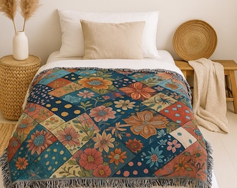 Floral Patchwork Woven Throw Blanket – Vintage Cottagecore Bedspread | Colorful Boho Flower Tapestry | Cozy Farmhouse Couch Throw As A Gift