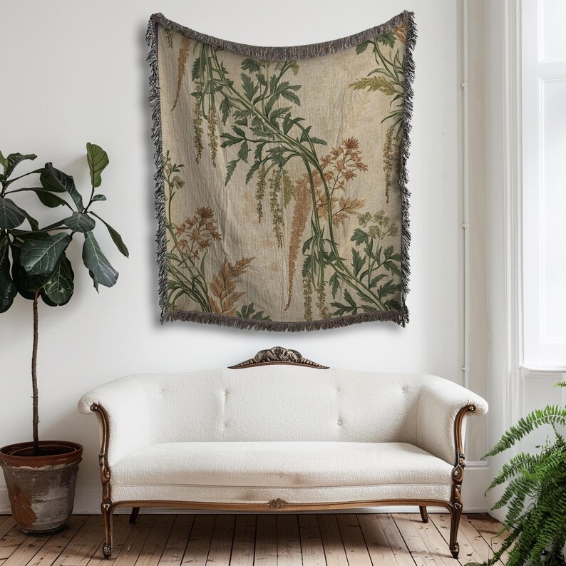 Vintage Floral Plant Throw, Cottagecore Nature Tapestry Blanket