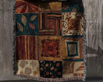 Boho Patchwork Woven Blanket, Earth Tones Tapestry, Unique Couch and Bed Throw as a Gift, Cozy Rustic Home Decor with Comfort Colors