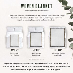 May include: Woven blankets in three sizes: 94 x 132 cm, 127 x 152 cm, and 152 x 203 cm. The blankets are white with a fringed border. Text on the image reads "WOVEN BLANKET" and includes details about the product.