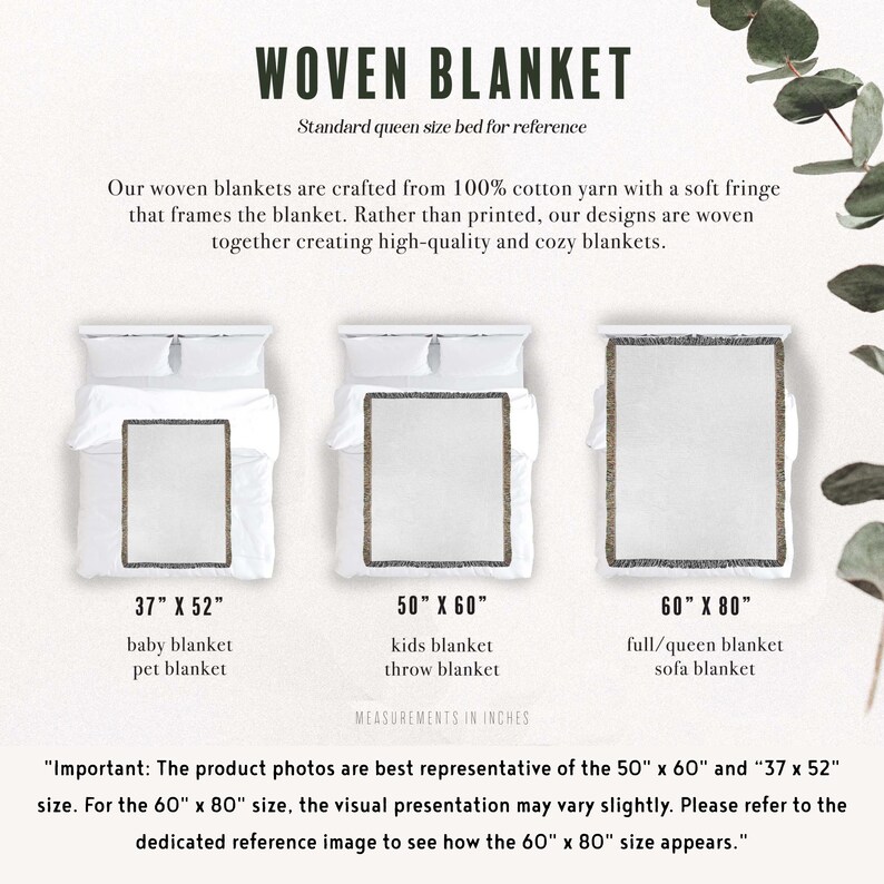 May include: Woven blankets in three sizes: 94 x 132 cm, 127 x 152 cm, and 152 x 203 cm. The blankets are white with a fringed border. Text on the image reads "WOVEN BLANKET" and includes details about the product.