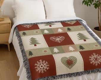 Manta navideña, acogedora manta tejida de algodón con flecos, 100% algodón, tapiz patchwork, decoración para sofá y hogar, ideal como regalo navideño.