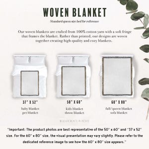 May include: Image of woven blankets in three sizes: 37" x 52", 50" x 60", and 60" x 80". The blankets are white with a fringed border. Text on the image reads "WOVEN BLANKET" and includes details about the product.