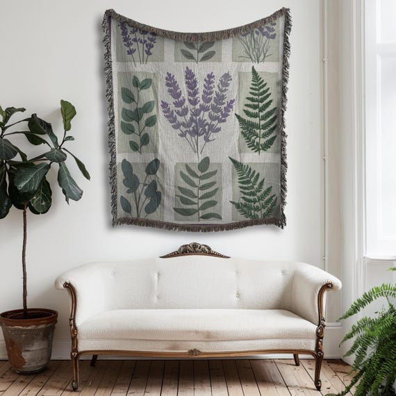 Botanical Woven Throw Blanket – Nature Leaf Tapestry Blanket, Green Plant Wall Hanging, Cottagecore Woven Decor, Custom Eco Home Gift