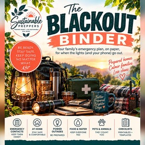 Könnte beinhalten: Das Notfallplanungs-Set The Blackout Binder enthält Überlebensausrüstung wie eine leuchtende Laterne, Taschenlampe, Erste-Hilfe-Set, Wasserflaschen und Notizbücher. Der Text lautet 'Be ready. Stay safe. Keep going no matter what.' sowie diverse Symbole.