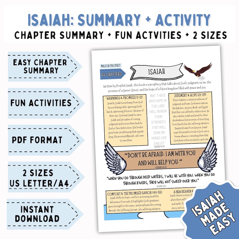 May include: A printable study guide titled "Isaiah: Summary + Activity" with chapter summaries, fun activities, and two size options. The guide includes text and illustrations, with the phrase "Don't be afraid. I am with you and will help you."