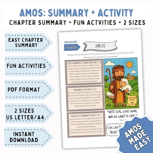 May include: A printable study guide titled "Amos: Summary + Activity" with chapter summaries, fun activities, and two size options. The guide features a cartoon illustration of a shepherd with a sheep, and text that reads "Hate evil, love good, and do what is fair."