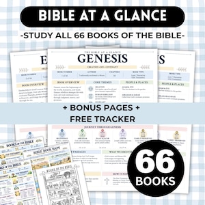 May include: A collection of Bible study printables featuring the text BIBLE AT A GLANCE, STUDY ALL 66 BOOKS OF THE BIBLE, and 66 BOOKS. The pages include charts, book summaries, timelines, and checklists with headings like GENESIS, BOOK OVERVIEW, and CORE THEMES.