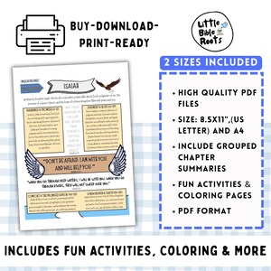 May include: A printable PDF document with the text "ISAIAH" and Bible verses. The document includes the phrases "BUY-DOWNLOAD-PRINT-READY" and "2 SIZES INCLUDED". It also includes fun activities and coloring pages. The size is 8.5x11 inches.