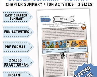 May include: A white printed study guide titled "2 Peter: Summary + Activity" with the text "Easy Chapter Summary", "Fun Activities", and "Instant Download". The guide includes illustrations and text about the Book of 2 Peter.