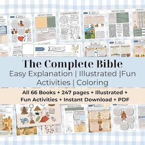 Libro completo de actividades bíblicas para niños, estudio bíblico, cuaderno de ejercicios para colorear, trazar y actividades, Antiguo Testamento, Nuevo Testamento, imprimible