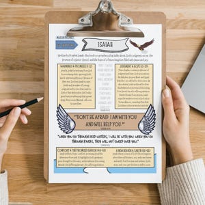 May include: A clipboard with a printed page featuring the word "ISAIAH" and biblical text. The page is divided into sections with titles like "Warnings & Promises" and "Judgment & Hope." A pencil and hands are visible.