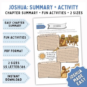 May include: A printable PDF study guide titled "Joshua: Summary + Activity." The page features chapter summaries, fun activities, and is available in two sizes, US Letter and A4. The text includes "Easy Chapter Summary" and "Instant Download."