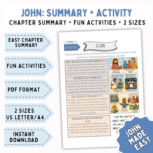 May include: A printable study guide titled "John: Summary + Activity" with chapter summaries, fun activities, and illustrations. Includes the text "Easy Chapter Summary," "Fun Activities," and "Instant Download."