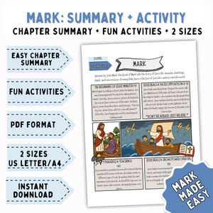 Op de afbeelding: Een afdrukbare studiehandleiding getiteld "MARK: SUMMARY + ACTIVITY" met hoofdstuksamenvattingen, leuke activiteiten en twee formaten. De gids bevat tekst en illustraties over het evangelie van Marcus, met secties over Jezus' bediening, gelijkenissen en wonderen.