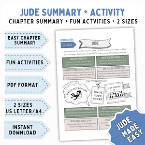 May include: A printable study guide titled "Jude Summary + Activity" with chapter summaries, fun activities, and two sizes. The guide includes sections on false teachers, staying strong in faith, and helping others. The text is in black and white.