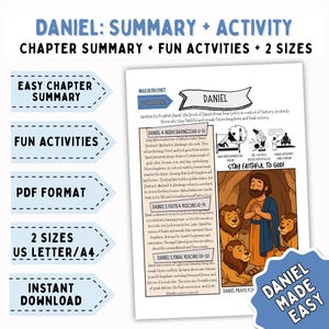 May include: A printable study guide titled "Daniel: Summary + Activity" with chapter summaries, fun activities, and two size options. The image features a colorful illustration of Daniel with lions, and text that says "Daniel Made Easy."