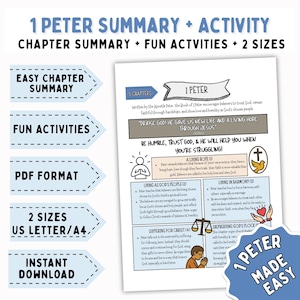 Puede incluir: Un documento PDF imprimible blanco titulado "1 Peter Summary + Activity" con resúmenes de capítulos, actividades divertidas y dos tamaños. El documento incluye texto e ilustraciones sobre el libro de 1 Pedro, con la frase "¡Alabad a Dios! Nos dio una vida nueva y una esperanza viva por medio de Jesús."