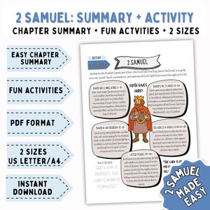 May include: A printable PDF study guide titled "2 Samuel: Summary + Activity" with chapter summaries, fun activities, and two size options. The guide includes text and illustrations about the biblical figure David.