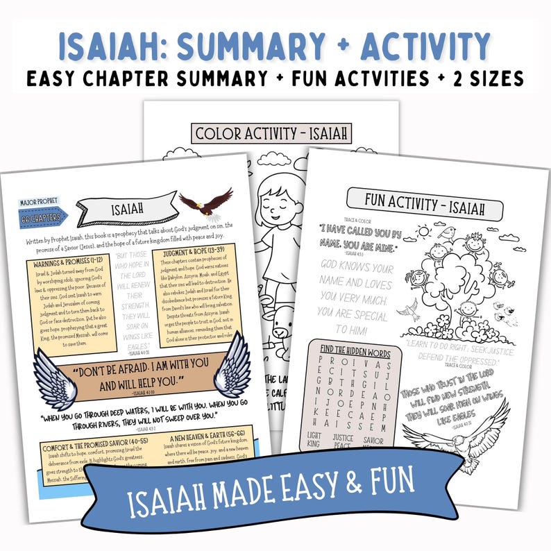May include: A collection of printable Isaiah study guides and activity sheets. The pages feature summaries, coloring pages, and fun activities. The title "Isaiah: Summary + Activity" is displayed at the top, along with the phrase "Isaiah Made Easy & Fun" on a banner at the bottom.