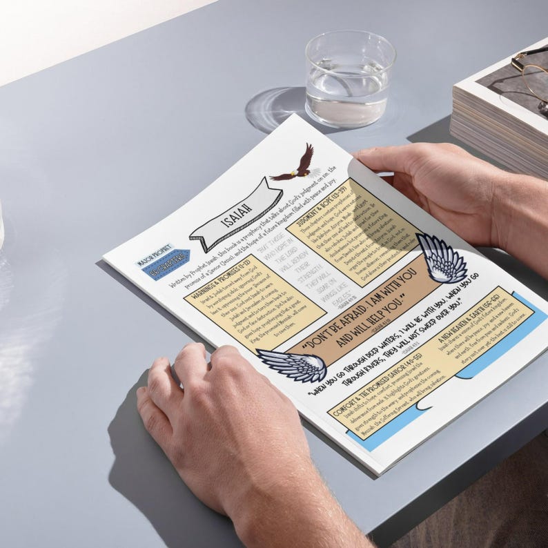 May include: A person holding a white paper with the text "ISAIAH" and other text. The paper has illustrations of wings and a bird. The text includes "DON'T BE AFRAID I AM WITH YOU AND WILL HELP YOU."