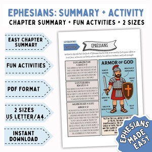 Puede incluir: Un PDF imprimible blanco con el texto "Efesios: Resumen + Actividad" y "Armadura de Dios" con una ilustración de dibujos animados de un soldado. Incluye resúmenes de capítulos, actividades divertidas y está disponible en dos tamaños.