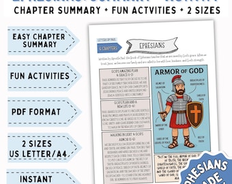 May include: A white printable PDF with the text "Ephesians: Summary + Activity" and "Armor of God" with a cartoon illustration of a soldier. Includes chapter summaries, fun activities, and is available in two sizes.