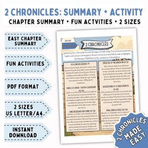 Può includere: Una guida allo studio stampabile intitolata "2 Cronache: Riepilogo + Attività" con riepiloghi dei capitoli, attività divertenti e due opzioni di dimensioni. La guida include testo sui regni dei re di Giuda ed è disponibile per il download immediato.