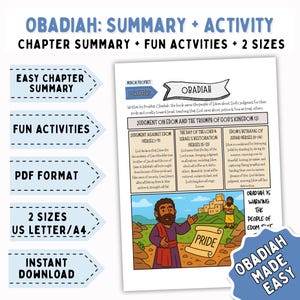 Puede incluir: Una guía de estudio en PDF imprimible titulada "Obadiah: Summary + Activity". La página presenta resúmenes de capítulos, actividades divertidas y está disponible en dos tamaños: US Letter y A4. La guía incluye texto e ilustraciones.