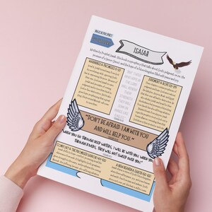 May include: A printed page with text and illustrations from the book of Isaiah. The page has a pink background and features text about warnings, promises, judgment, and hope. The text is accompanied by illustrations of wings and an eagle.