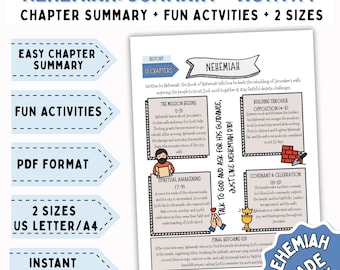 Puede incluir: Una hoja de resumen y actividades en PDF imprimible sobre el Libro de Nehemías, con resúmenes de capítulos y actividades divertidas. La hoja incluye el texto "Nehemiah Made Easy" y está disponible en tamaños US Letter y A4 para descarga instantánea.