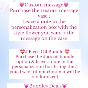 May include: A pink and white graphic with instructions on how to order custom items. The text includes details on custom messages, oil bundles, and bundle deals, with instructions to leave notes in the personalization box.