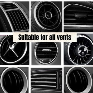 May include: A collage of car air vents in various designs. The vents are black and silver, with circular and rectangular shapes. The text "Suitable for all vents" is displayed in the center.