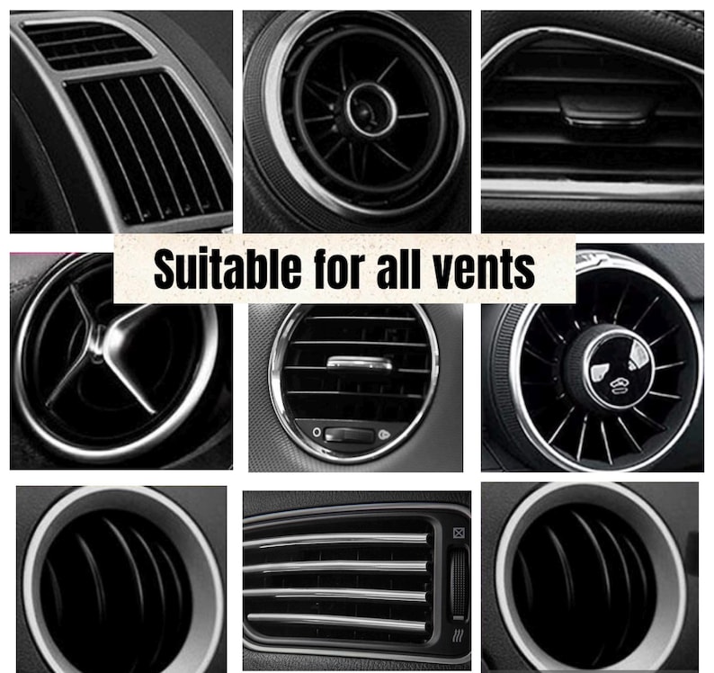 May include: A collage of car air vents in various designs. The vents are black and silver, with circular and rectangular shapes. The text "Suitable for all vents" is displayed in the center.