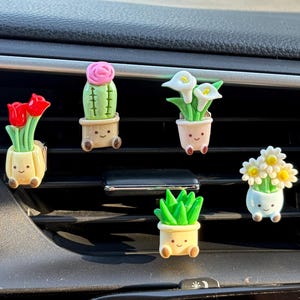 Könnte beinhalten: Fünf kleine Auto-Lufterfrischer-Clips in Form von lächelnden Topfpflanzen. Das Set enthält rote Tulpen, einen Kaktus mit rosa Blüte, weiße Calla-Lilien, eine grüne Sukkulente und weiße Gänseblümchen, alle mit Gesichtern und kleinen Füßen.