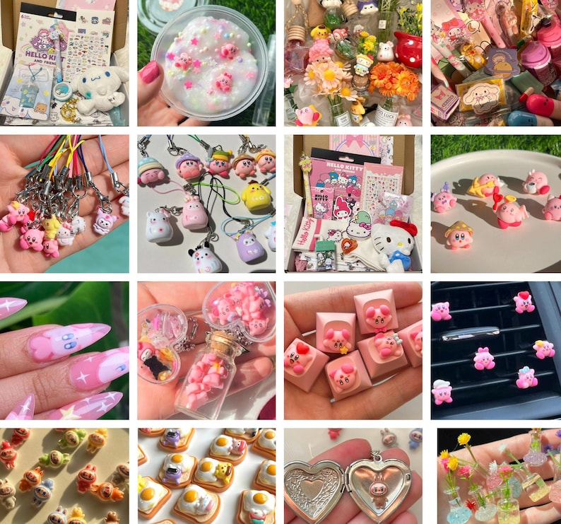 Op de afbeelding: Een verzameling kleurrijke, miniatuur karakterbedels, sleutelhangers en accessoires. De items bevatten Hello Kitty en andere stripfiguren, weergegeven in verschillende arrangementen, waaronder een boxset en losse stukken.