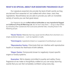 May include: Text on a white background reads "WHAT'S SO SPECIAL ABOUT OUR SIGNATURE FRAGRANCE OILS?" followed by details about the oils, including the exclusion of harmful ingredients and a guarantee of quality.