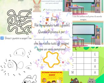 Può includere: Una raccolta di pagine di attività per bambini con labirinti, unisci i puntini e giochi di parole. Le pagine includono testo in italiano e illustrazioni di un coniglio, un pesce e un gatto, per divertimento educativo.
