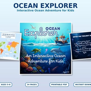 May include: An interactive Ocean Explorer activity book for kids ages 5-8. The cover features a boat, a sea turtle, a dolphin, and coral reefs. Includes a world map page for identifying oceans and a page titled Enter the Twilight Zone with text.