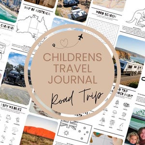 May include: A children's travel journal with a beige circular design in the center, featuring the text "CHILDRENS TRAVEL JOURNAL Road Trip". The journal includes pages with maps, word searches, and illustrations of Australian landmarks and wildlife.