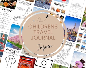 May include: A children's travel journal about Japan featuring a beige circular overlay with the text Childrens Travel Journal Japan. The pages display maps, food passport sections, coloring activities, and photographs of Japanese landmarks.