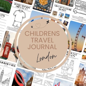 Può includere: Un diario di viaggio per bambini a tema Londra. Presenta illustrazioni di monumenti, pagine da colorare, curiosità e un'attività di progettazione di un kit di calcio. Il titolo è in un design circolare.