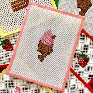 Taiyaki Strawberry Ice Cream Needlepoint Canvas | Hand Painted & Stitch Painted | 18 Mesh Needlepoint Canvas | Dessert Needlepoint Design