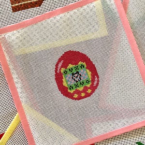 Tamagotchi PINK Needlepoint Canvas | 18 Mesh Hand Painted and Stitch Painted Design