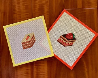 Dessert Cake Needlepoint Canvas Set | Hand Painted & Stitch Painted | 13 Mesh Needlepoint Canvas | Strawberry Chocolate Cake and Carrot Cake