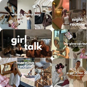 Puede incluir: Un collage de imágenes que muestran varios temas de estilo de vida. Se presentan rutinas de belleza, incluyendo cuidado de la piel y maquillaje, junto con moda, horneado y rutinas diarias. Las superposiciones de texto incluyen "what's in my bag", "girl talk" y "a girl in her 20s".