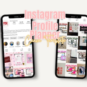 May include: Two smartphones displaying an Instagram profile and a grid of images. The text "Instagram Profile Planner Canva Template" is overlaid in pink and gold. The Instagram profile shows the shop name "POV Stationery".