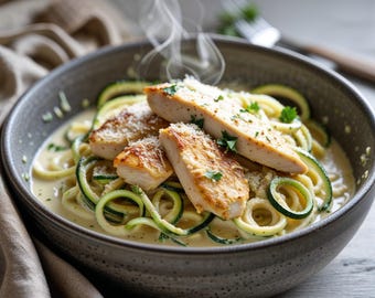 Receta de pollo Alfredo keto con zoodles: baja en carbohidratos, alta en proteínas, cena fácil, preparación de comidas saludables, descarga digital instantánea, sin gluten