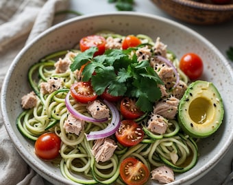 LA MEJOR Receta de Tazón de Zoodles de Atún Bajo en Carbohidratos: Idea de Almuerzo Keto Saludable, Alto en Proteínas, Sin Gluten, Comida Fácil de Preparar, Cena Rápida de Verano