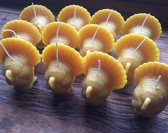 May include: A collection of 12 yellow beeswax candles shaped like turkeys. Each candle has a white wick and a detailed design.